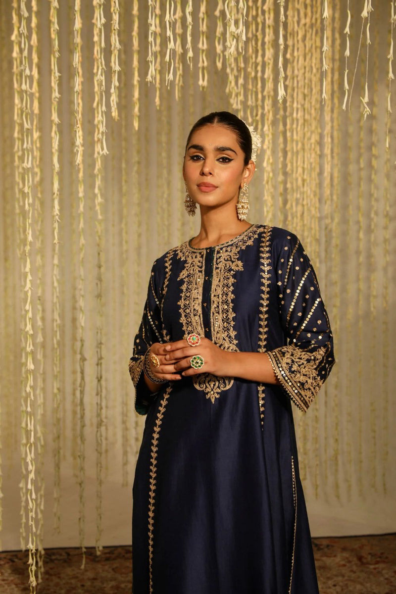 Sabirah A-line long kurta with palazzo and dupatta-Deep Blue silk by SHEETAL BATRA in blue color for women in Singapore