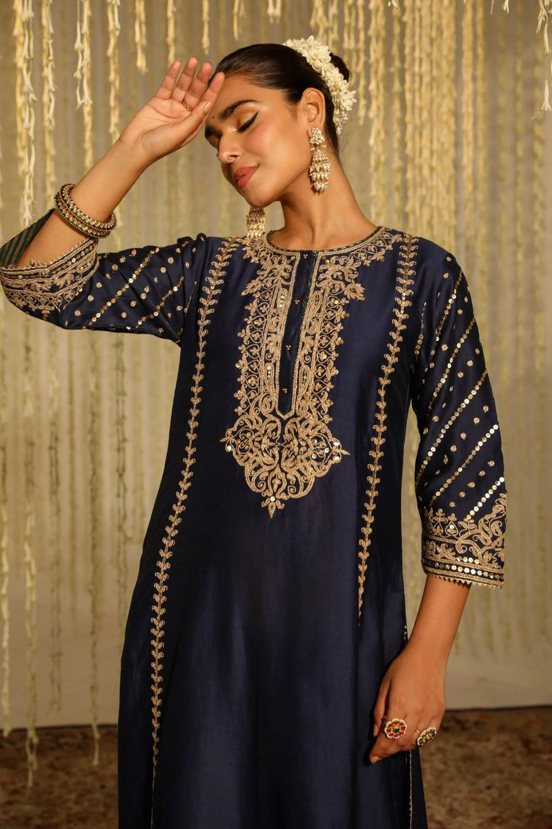 Sabirah A-line long kurta with palazzo and dupatta-Deep Blue silk by SHEETAL BATRA in blue color for women in Singapore