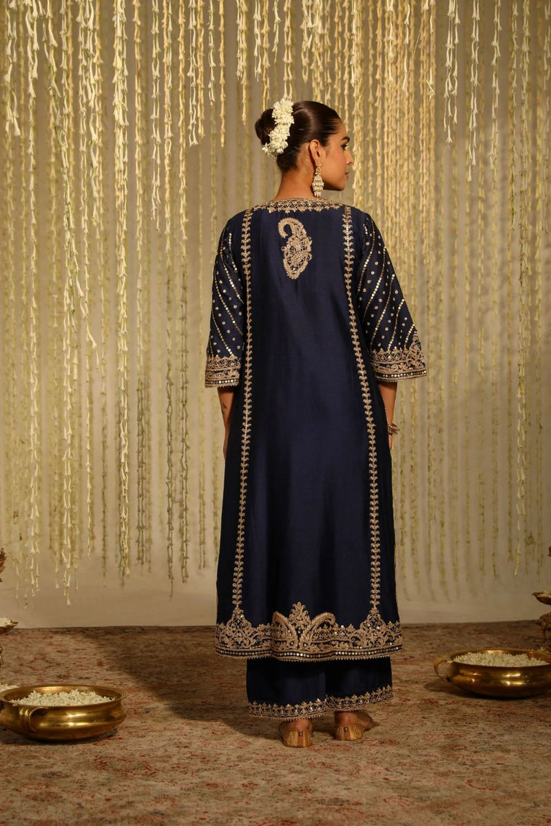 Sabirah A-line long kurta with palazzo and dupatta-Deep Blue silk by SHEETAL BATRA in blue color for women in Singapore