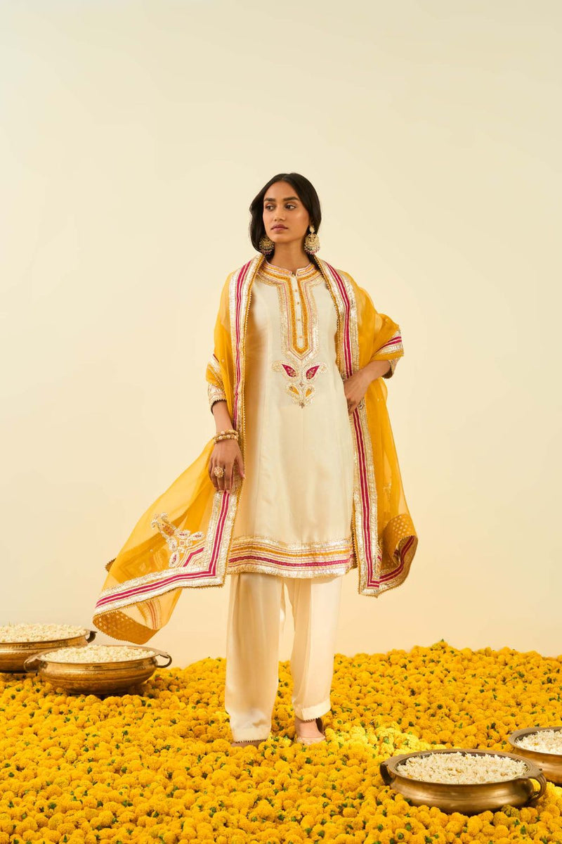 Sadirah Short Kurta with Salwar and Dupatta-Daisy ivory silk by SHEETAL BATRA in ivory color for women in Singapore