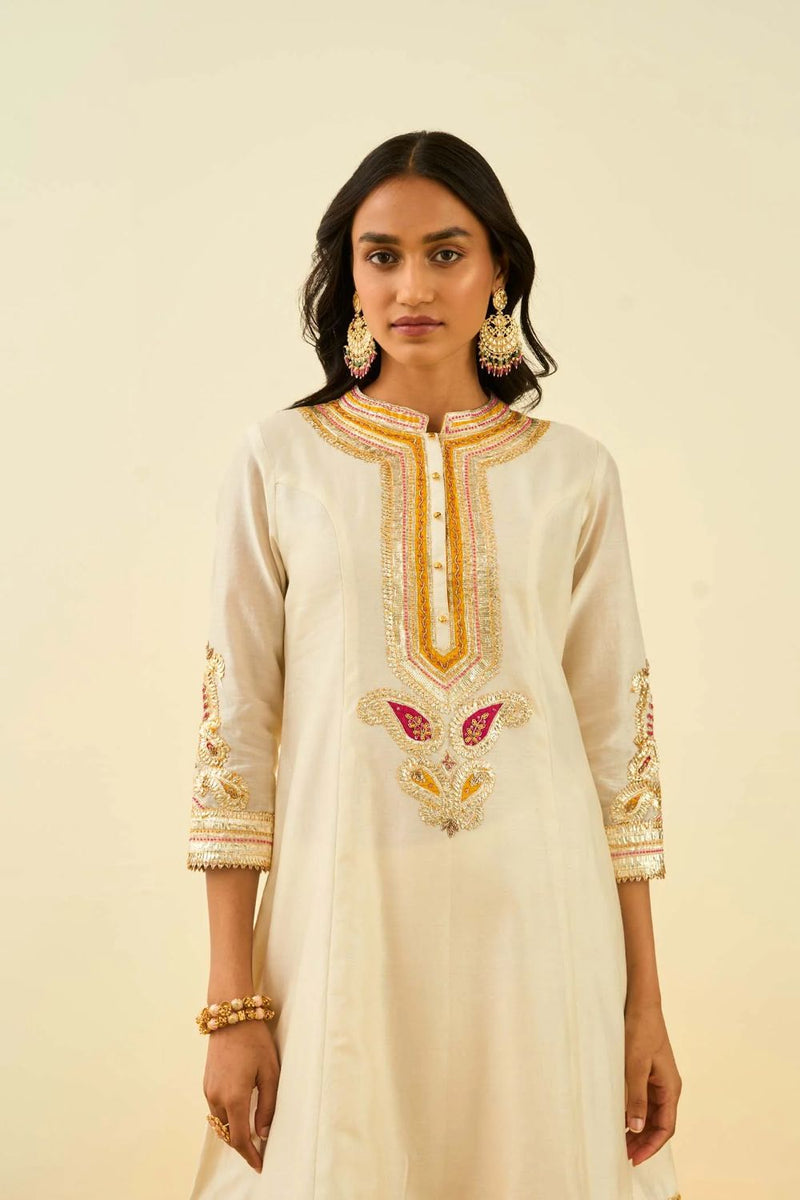 Sadirah Short Kurta with Salwar and Dupatta-Daisy ivory silk by SHEETAL BATRA in ivory color for women in Singapore