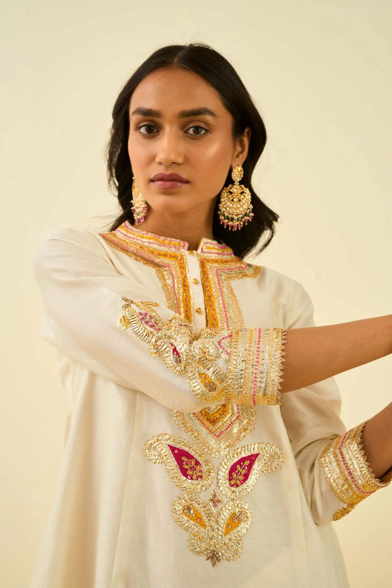 Sadirah Short Kurta with Salwar and Dupatta-Daisy ivory silk by SHEETAL BATRA in ivory color for women in Singapore