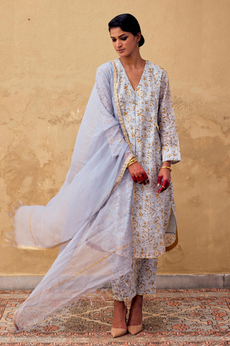 Safa Kurta Set with Dupatta chanderi by Khara Kapas in blue for women in Singapore