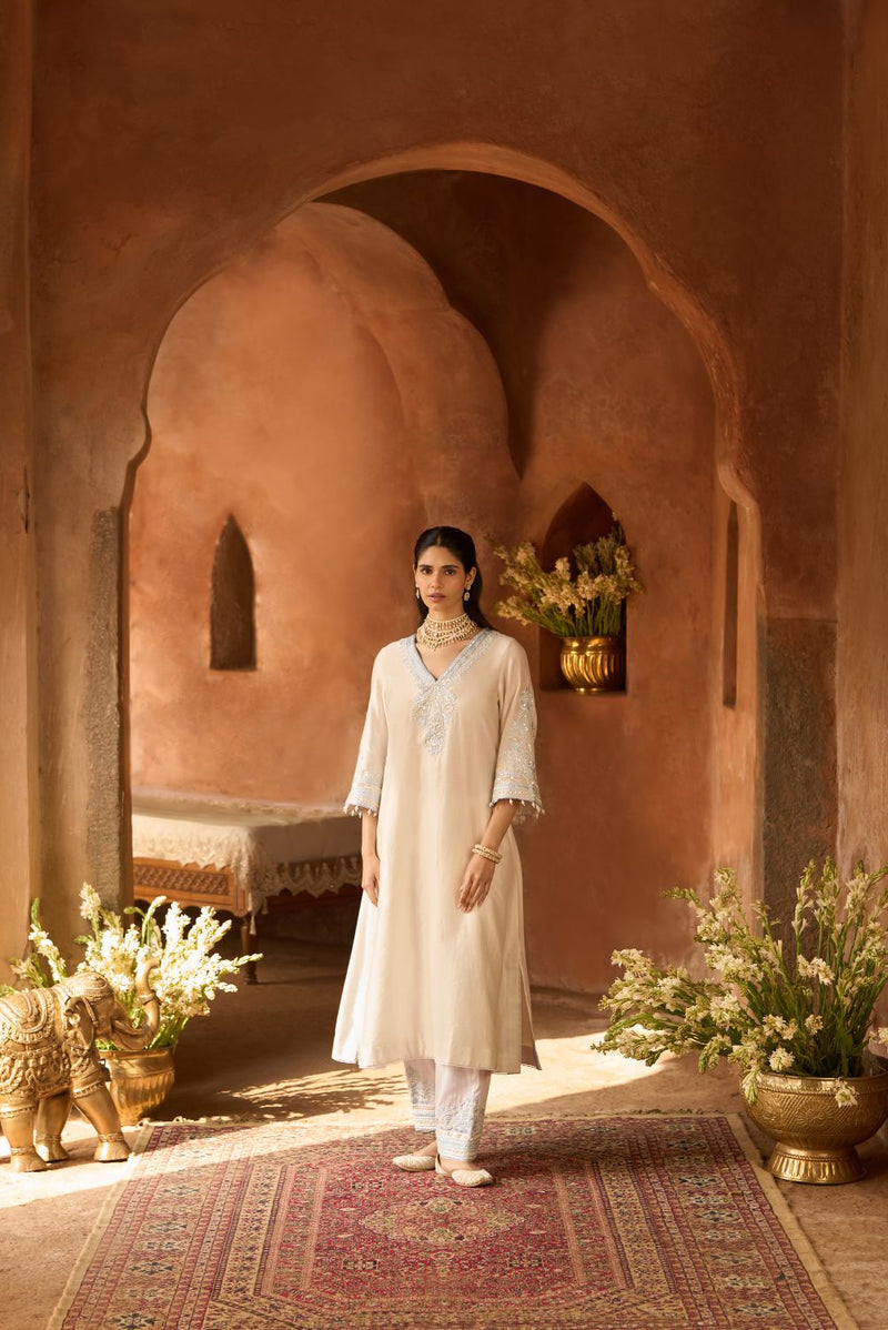 SAHABAT - DAISY IVORY WITH BLUE KAAFTAN WITH SALWAR silk chanderi kurta/kurta set by SHEETAL BATRA in daisy ivory with blue for women in Singapore