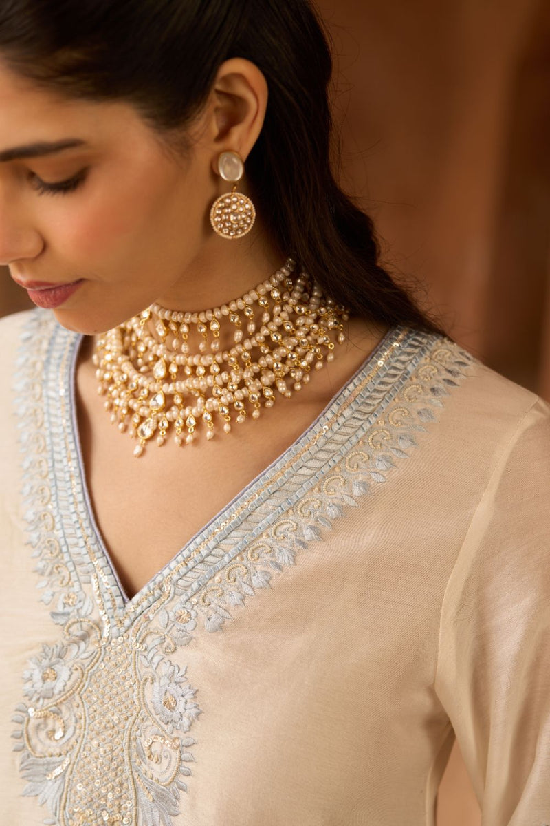 SAHABAT - DAISY IVORY WITH BLUE KAAFTAN WITH SALWAR silk chanderi kurta/kurta set by SHEETAL BATRA in daisy ivory with blue for women in Singapore
