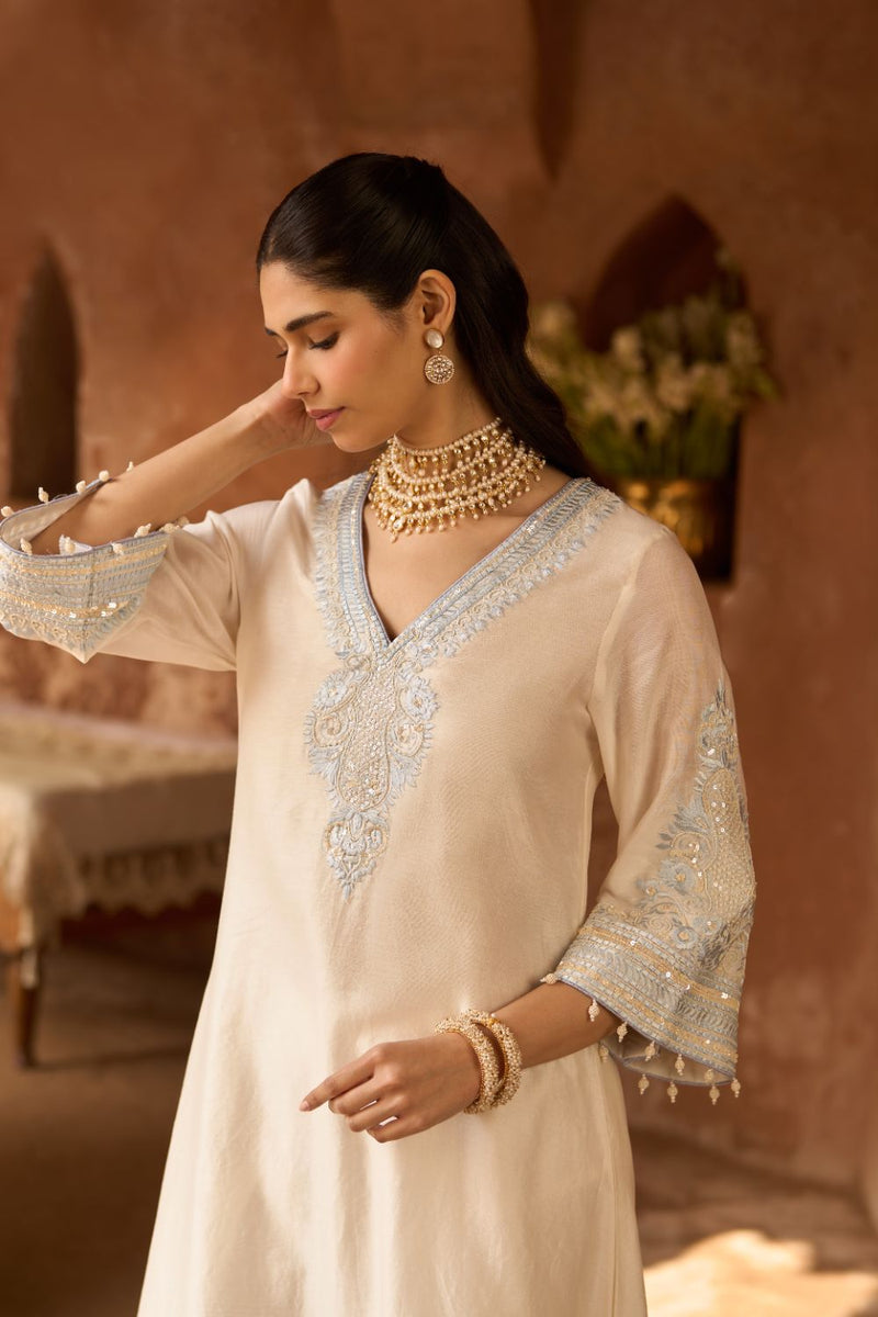 SAHABAT - DAISY IVORY WITH BLUE KAAFTAN WITH SALWAR silk chanderi kurta/kurta set by SHEETAL BATRA in daisy ivory with blue for women in Singapore