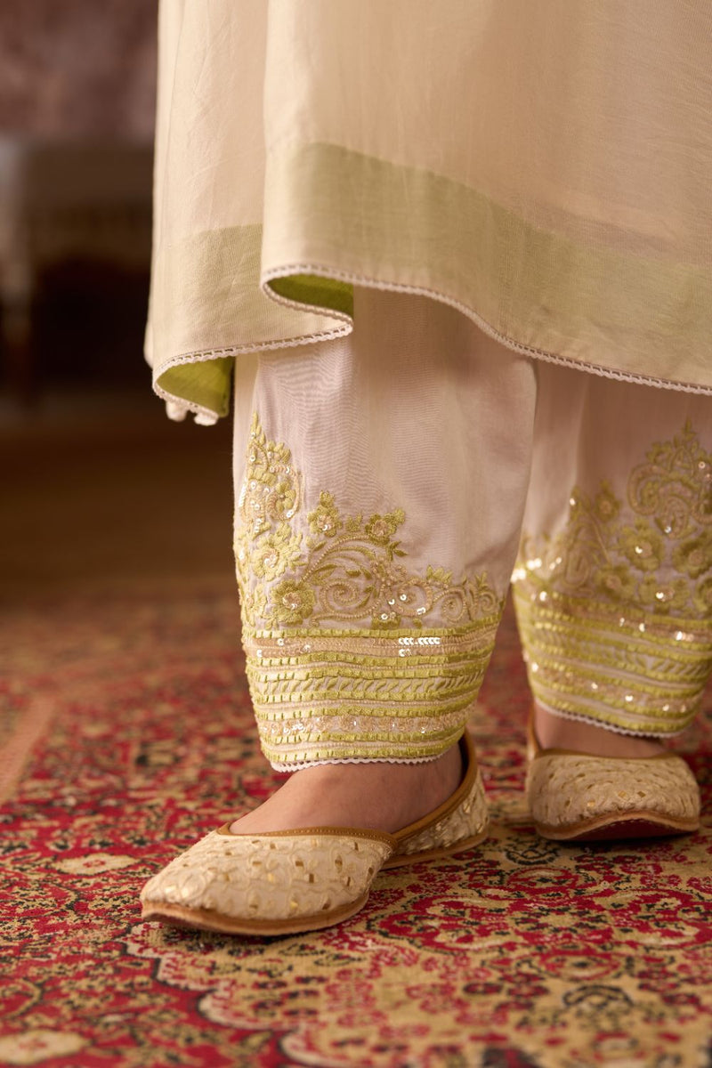 SAHABAT - DAISY IVORY WITH MINT GREEN KAAFTAN WITH SALWAR silk chanderi kurta/kurta set by SHEETAL BATRA in daisy ivory with green for women in Singapore