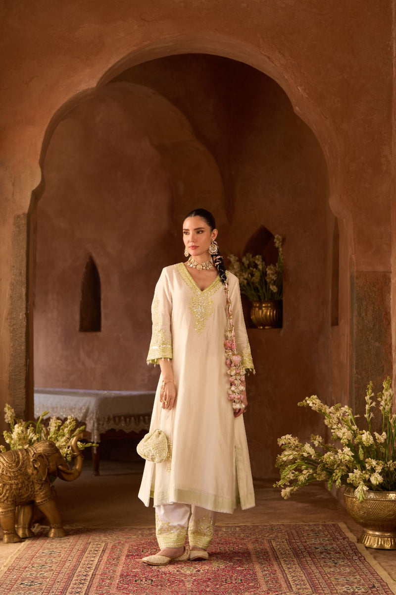 SAHABAT - DAISY IVORY WITH MINT GREEN KAAFTAN WITH SALWAR silk chanderi kurta/kurta set by SHEETAL BATRA in daisy ivory with green for women in Singapore