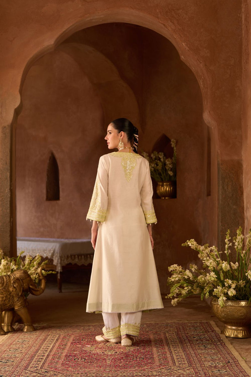 SAHABAT - DAISY IVORY WITH MINT GREEN KAAFTAN WITH SALWAR silk chanderi kurta/kurta set by SHEETAL BATRA in daisy ivory with green for women in Singapore