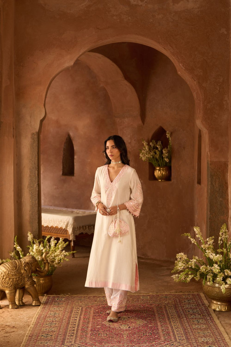 SAHABAT - DAISY IVORY WITH PINK KAAFTAN WITH SALWAR silk chanderi kurta/kurta set by SHEETAL BATRA in daisy ivory with pink for women in Singapore