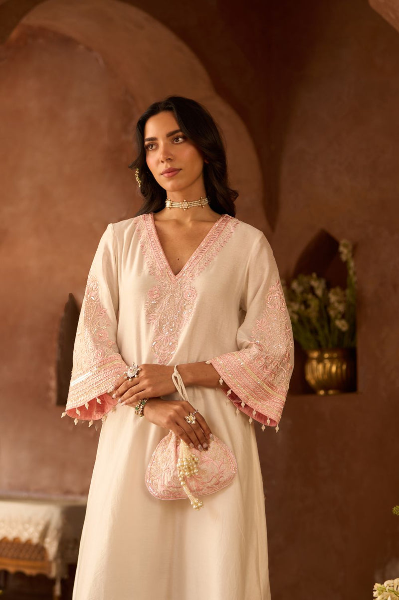 SAHABAT - DAISY IVORY WITH PINK KAAFTAN WITH SALWAR silk chanderi kurta/kurta set by SHEETAL BATRA in daisy ivory with pink for women in Singapore