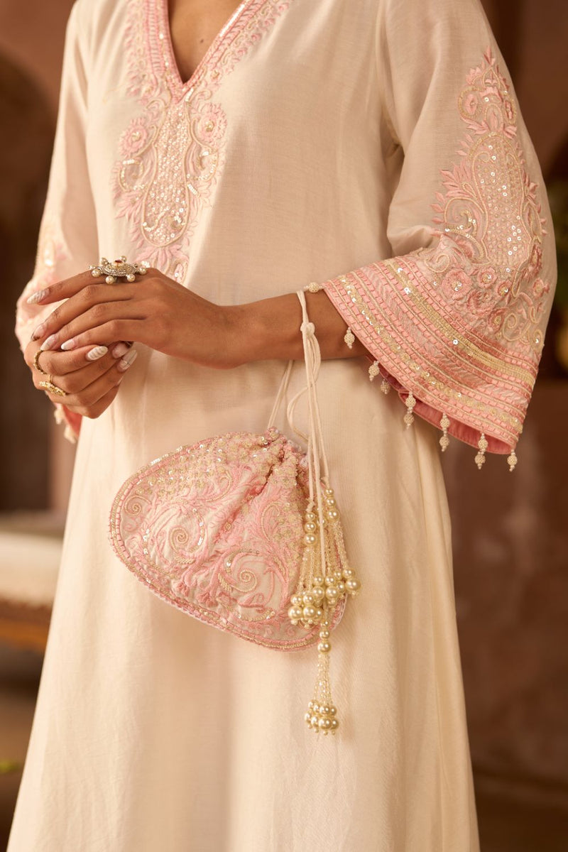 SAHABAT - DAISY IVORY WITH PINK KAAFTAN WITH SALWAR silk chanderi kurta/kurta set by SHEETAL BATRA in daisy ivory with pink for women in Singapore