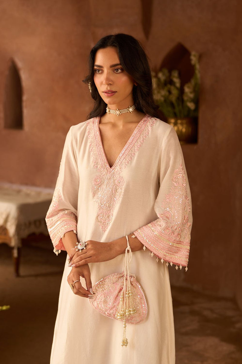 SAHABAT - DAISY IVORY WITH PINK KAAFTAN WITH SALWAR silk chanderi kurta/kurta set by SHEETAL BATRA in daisy ivory with pink for women in Singapore