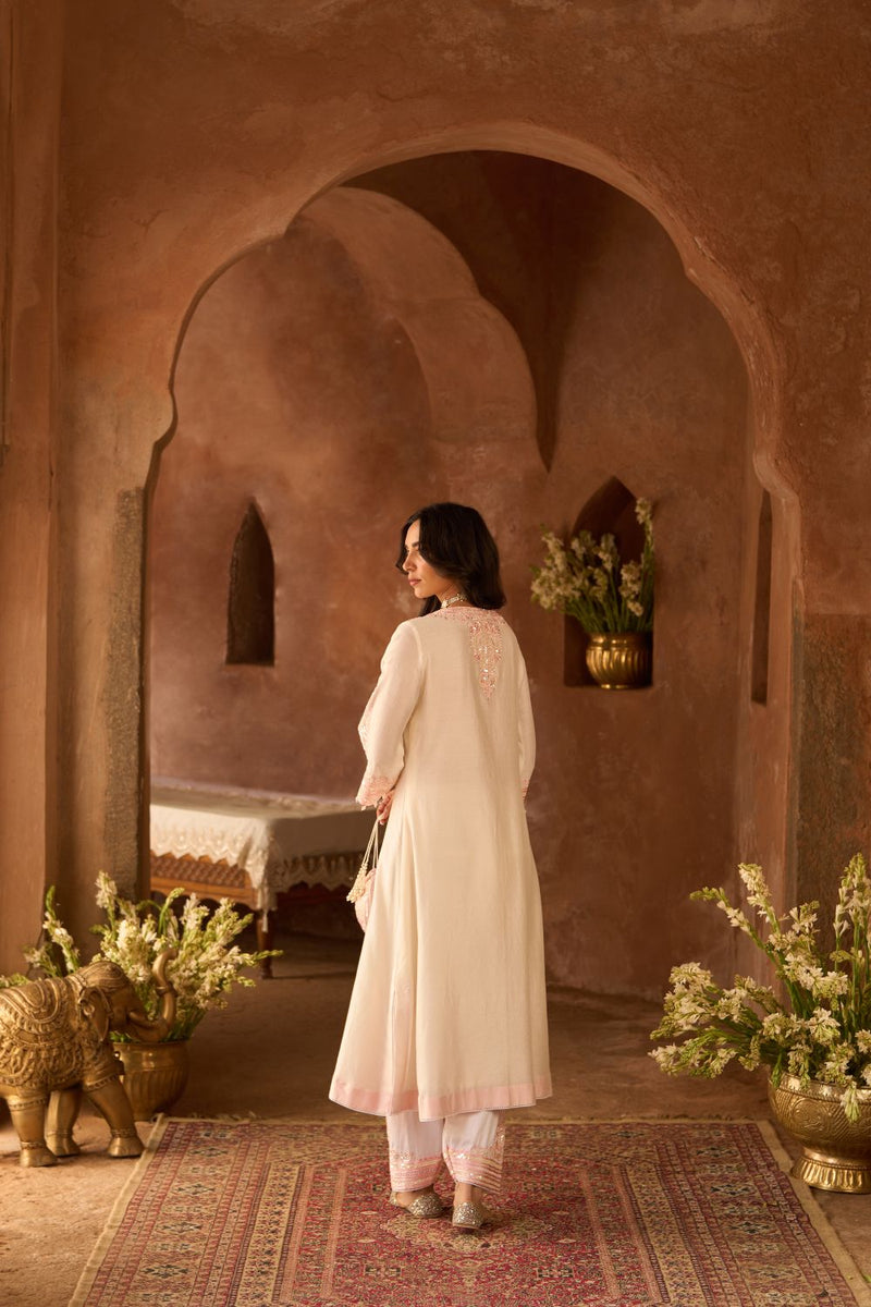 SAHABAT - DAISY IVORY WITH PINK KAAFTAN WITH SALWAR silk chanderi kurta/kurta set by SHEETAL BATRA in daisy ivory with pink for women in Singapore