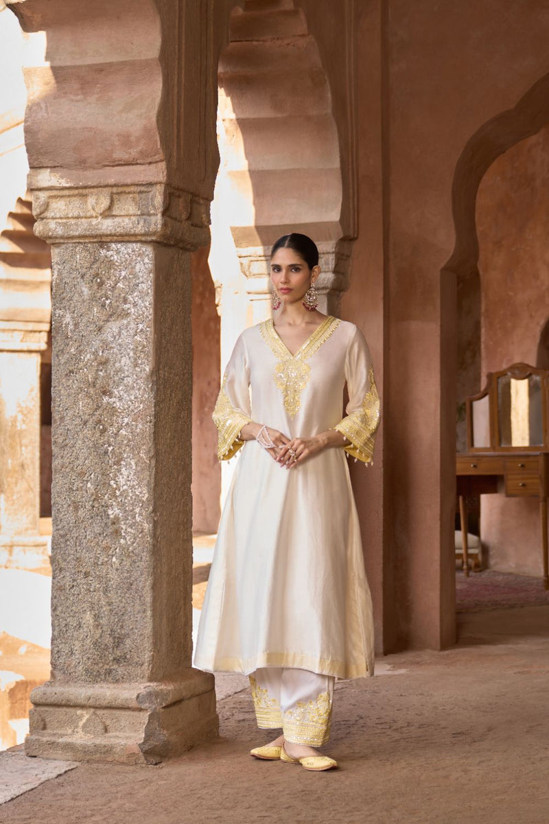 SAHABAT - DAISY IVORY WITH LEMON YELLOW KAAFTAN WITH SALWAR silk chanderi kurta/kurta set by SHEETAL BATRA in daisy ivory with lemon yellow for women in Singapore