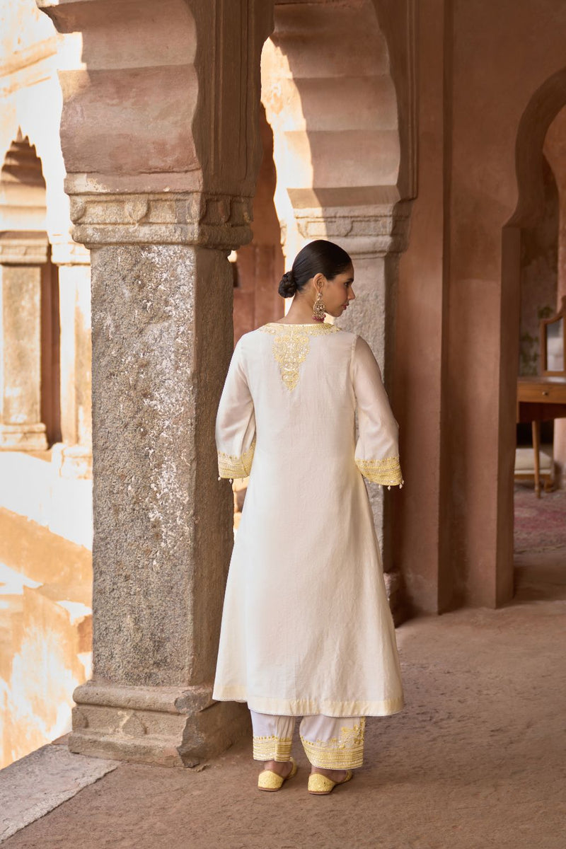SAHABAT - DAISY IVORY WITH LEMON YELLOW KAAFTAN WITH SALWAR silk chanderi kurta/kurta set by SHEETAL BATRA in daisy ivory with lemon yellow for women in Singapore