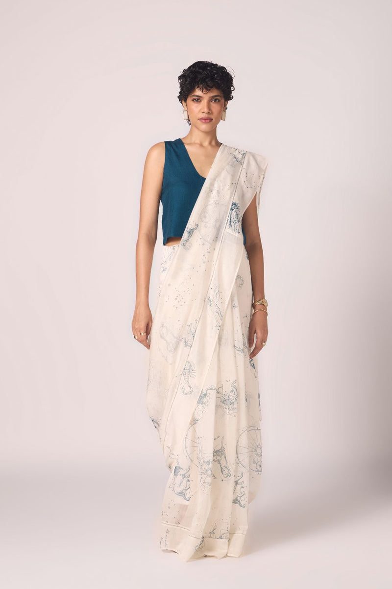 Saiph Zodiac Print Handwoven Saree chanderi by The Summer House in white color for women in Singapore