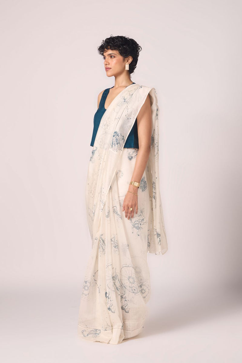 Saiph Zodiac Print Handwoven Saree chanderi by The Summer House in white color for women in Singapore
