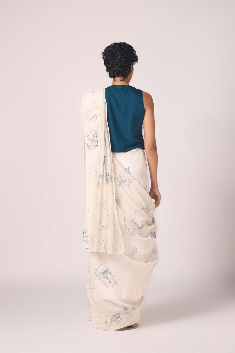 Saiph Zodiac Print Handwoven Saree chanderi by The Summer House in white color for women in Singapore