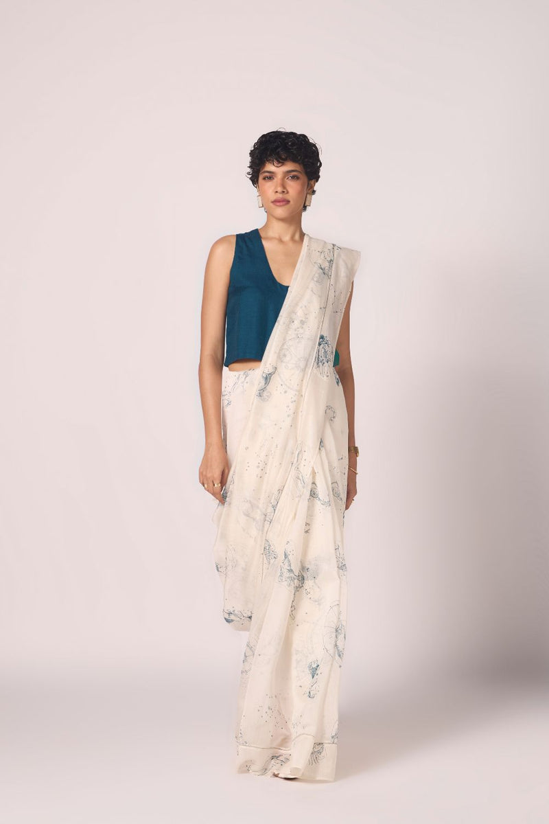 Saiph Zodiac Print Handwoven Saree chanderi by The Summer House in white color for women in Singapore