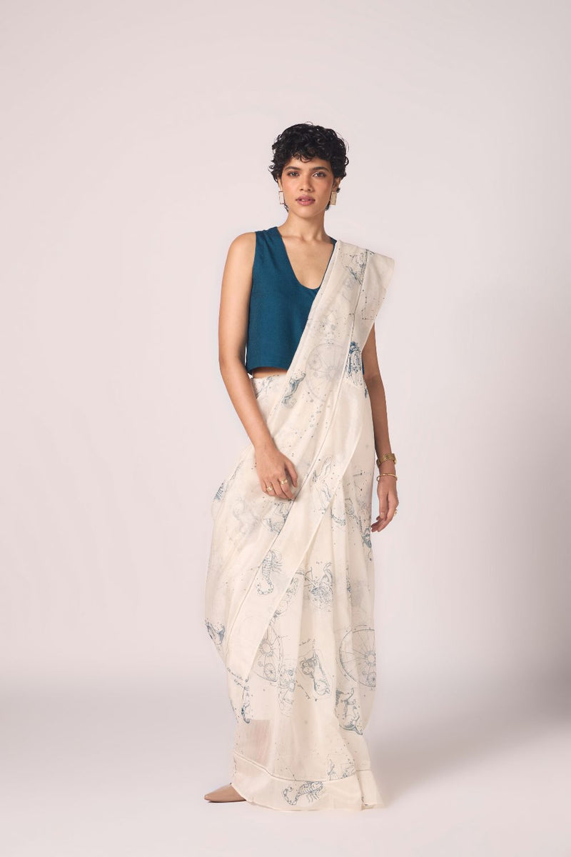 Saiph Zodiac Print Handwoven Saree chanderi by The Summer House in white color for women in Singapore