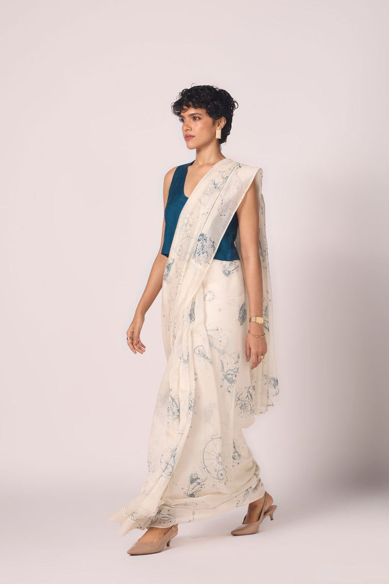 Saiph Zodiac Print Handwoven Saree chanderi by The Summer House in white color for women in Singapore