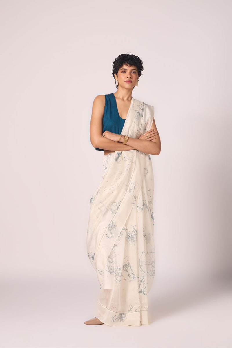 Saiph Zodiac Print Handwoven Saree chanderi by The Summer House in white color for women in Singapore