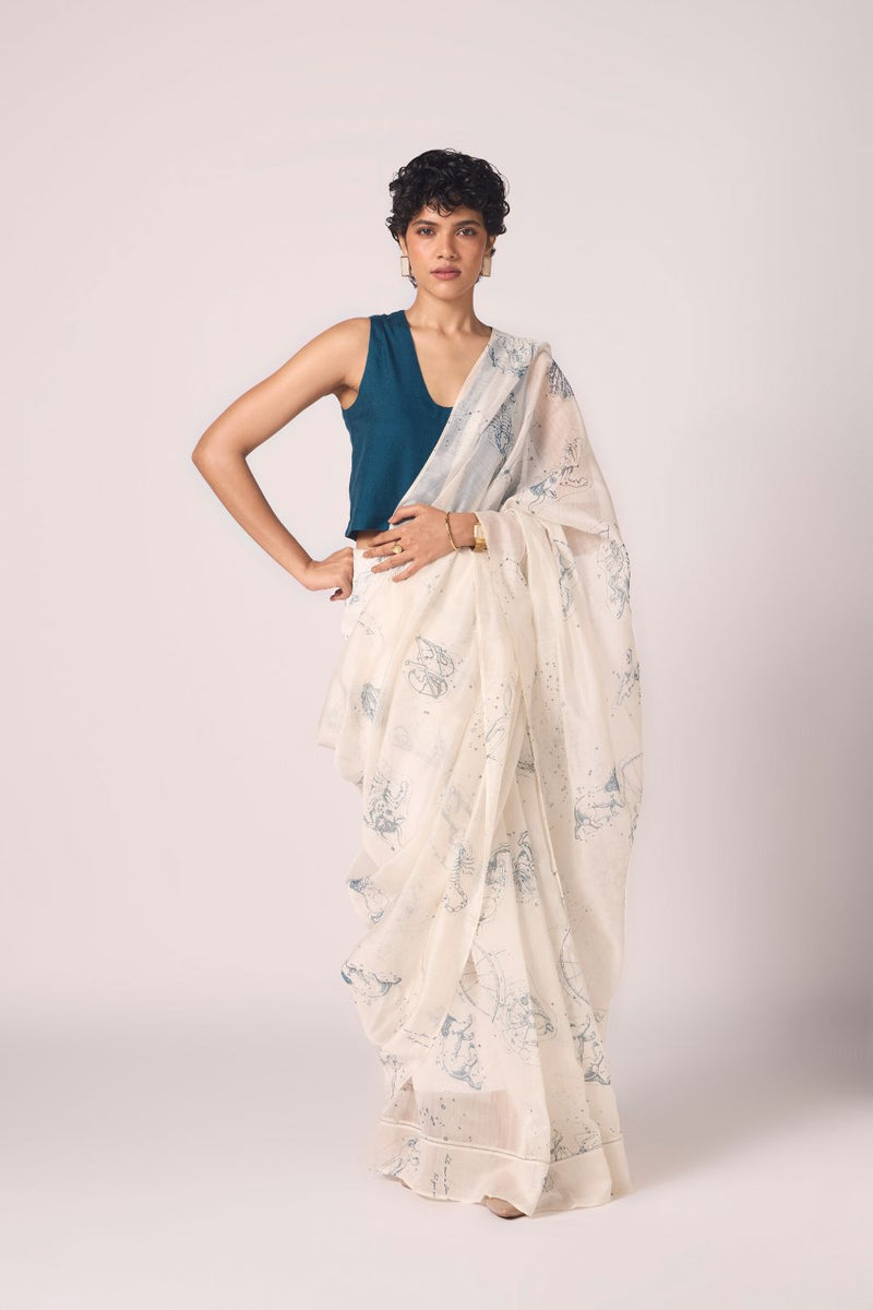 Saiph Zodiac Print Handwoven Saree chanderi by The Summer House in white color for women in Singapore