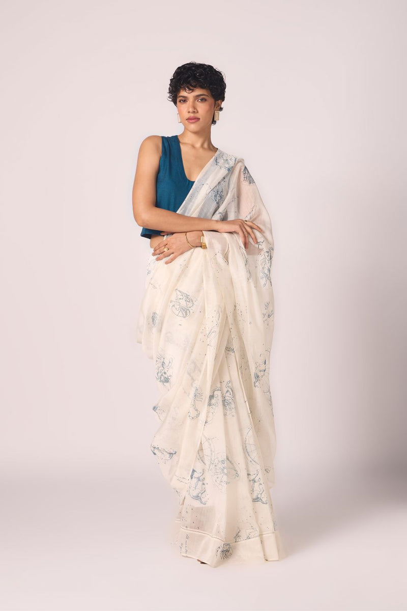 Saiph Zodiac Print Handwoven Saree chanderi by The Summer House in white color for women in Singapore