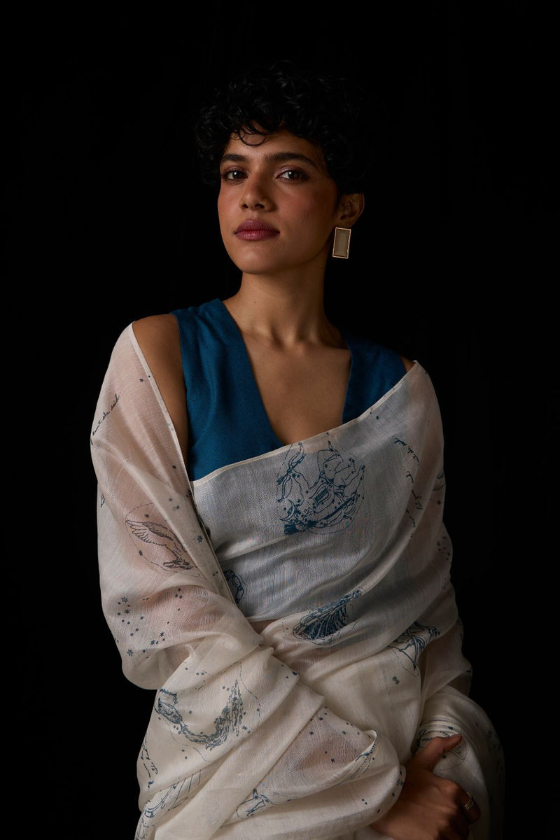Saiph Zodiac Print Handwoven Saree chanderi by The Summer House in white color for women in Singapore