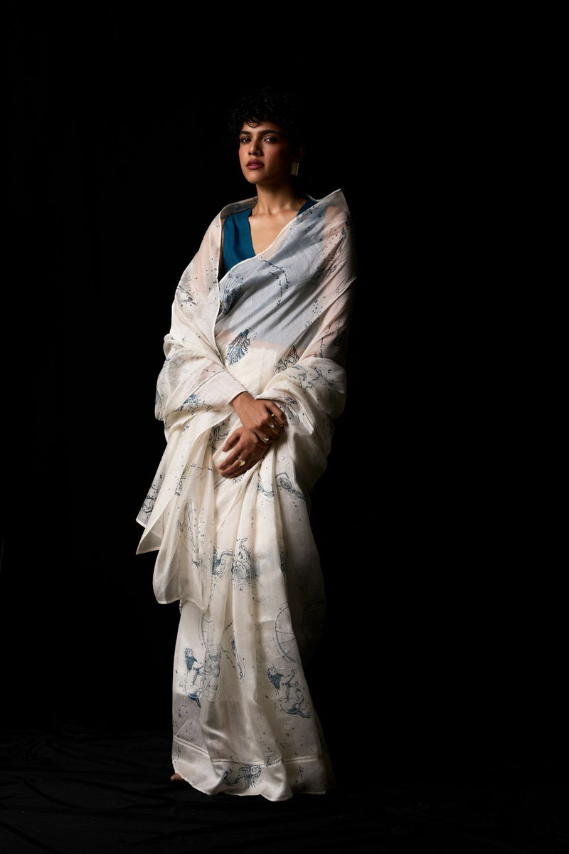 Saiph Zodiac Print Handwoven Saree chanderi by The Summer House in white color for women in Singapore