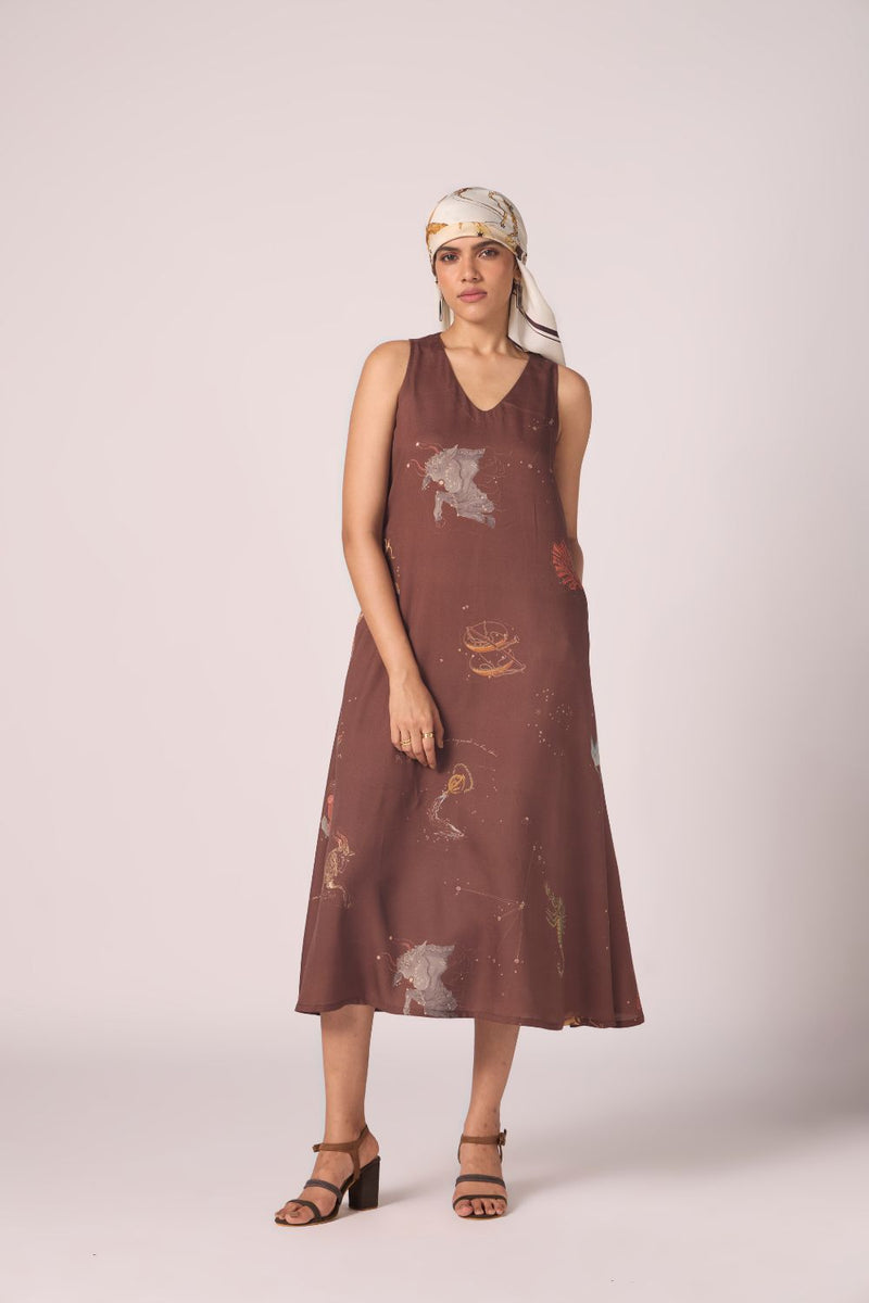 Saira Brown Zodiac Print Maxi Dress by The Summer House in brown color for women in Singapore