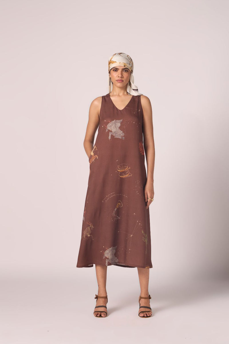 Saira Brown Zodiac Print Maxi Dress by The Summer House in brown color for women in Singapore