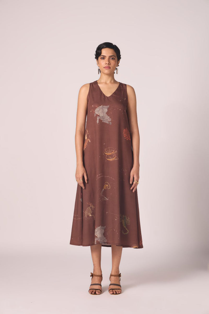 Saira Brown Zodiac Print Maxi Dress by The Summer House in brown color for women in Singapore
