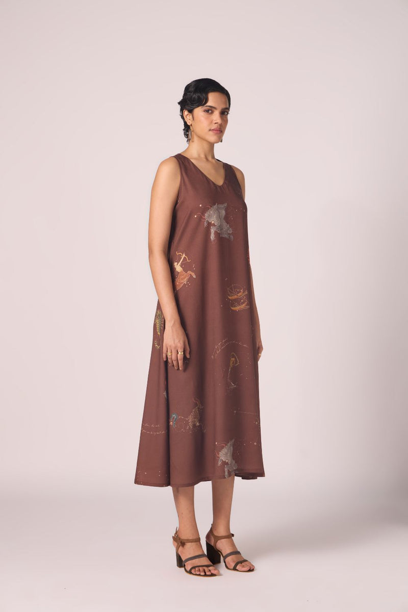 Saira Brown Zodiac Print Maxi Dress by The Summer House in brown color for women in Singapore