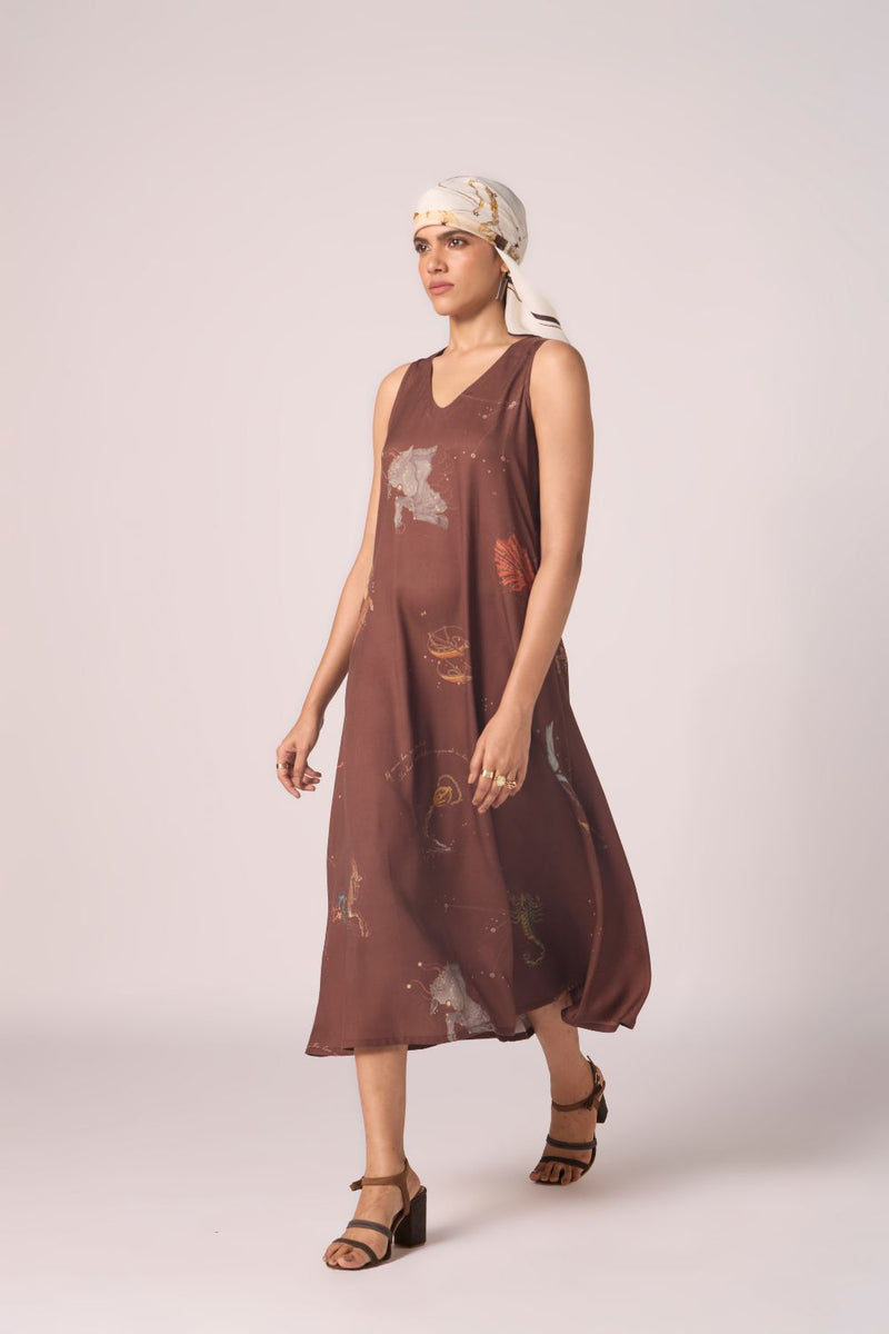 Saira Brown Zodiac Print Maxi Dress by The Summer House in brown color for women in Singapore