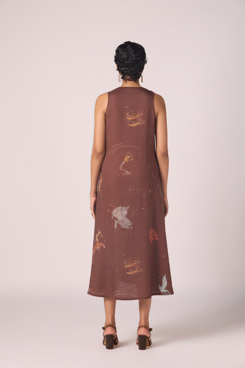 Saira Brown Zodiac Print Maxi Dress by The Summer House in brown color for women in Singapore