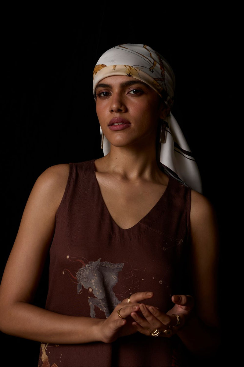 Saira Brown Zodiac Print Maxi Dress by The Summer House in brown color for women in Singapore