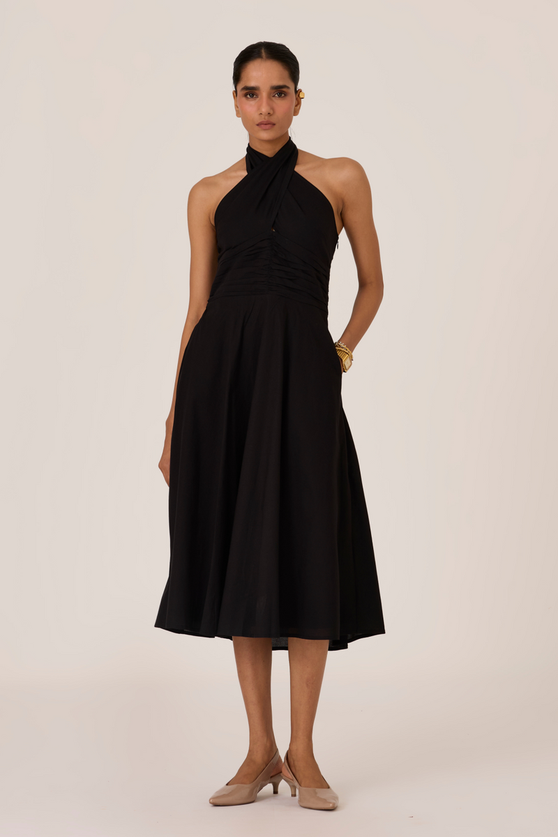Samaria Black Halter Dress chanderi by The Summer House in black color for women in Singapore
