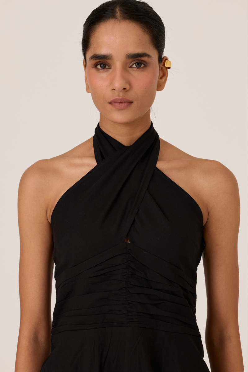 Samaria Black Halter Dress chanderi by The Summer House in black color for women in Singapore