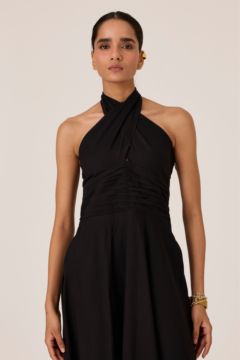 Samaria Black Halter Dress chanderi by The Summer House in black color for women in Singapore