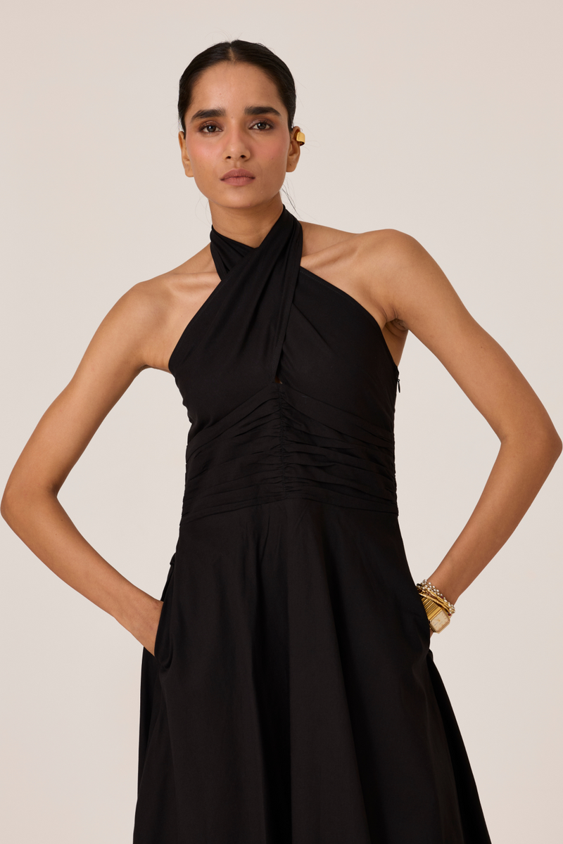 Samaria Black Halter Dress chanderi by The Summer House in black color for women in Singapore