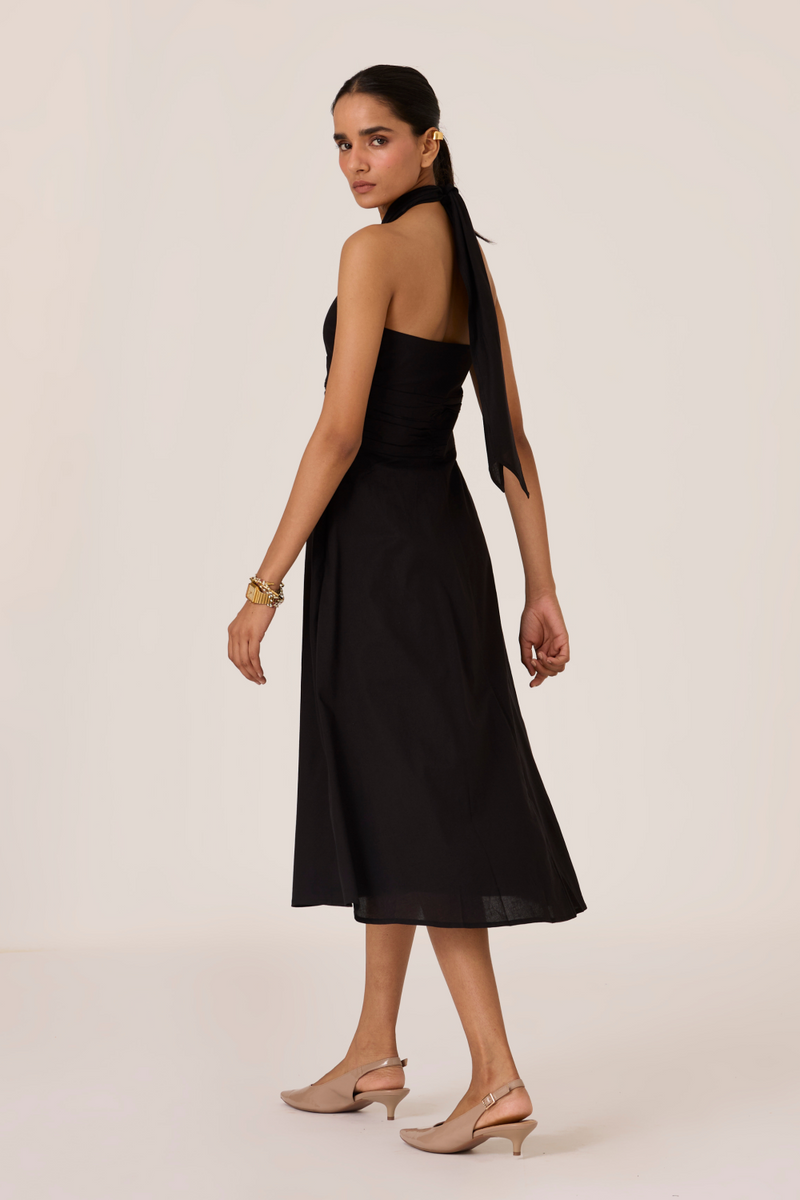 Samaria Black Halter Dress chanderi by The Summer House in black color for women in Singapore