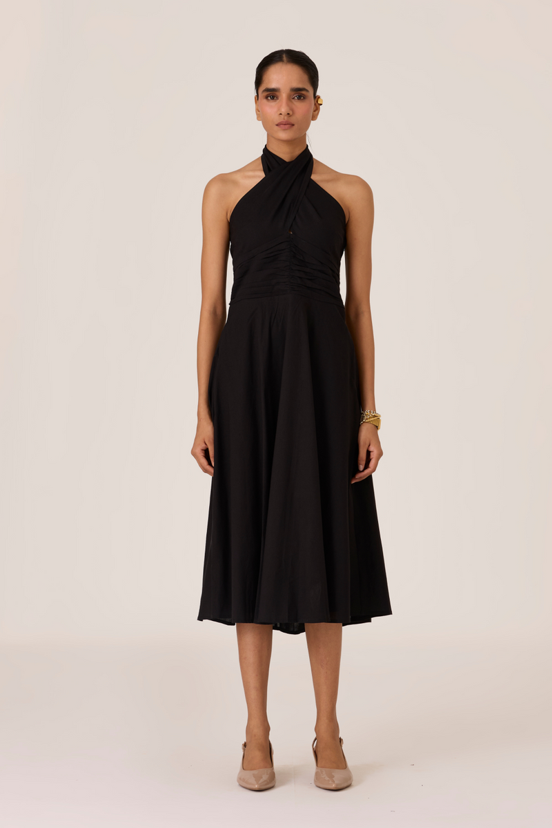 Samaria Black Halter Dress chanderi by The Summer House in black color for women in Singapore