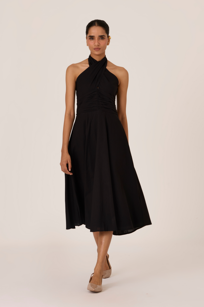 Samaria Black Halter Dress chanderi by The Summer House in black color for women in Singapore