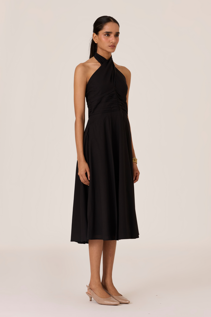 Samaria Black Halter Dress chanderi by The Summer House in black color for women in Singapore