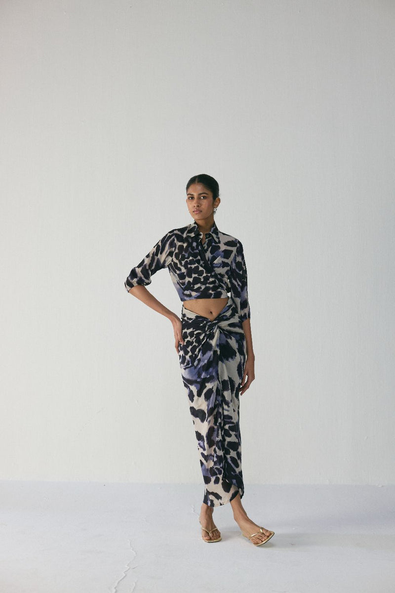 SAMBURU TIE UP TOP AND SKIRT SET by Yam in blue color for women in Singapore