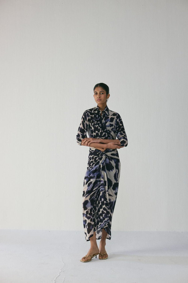 SAMBURU TIE UP TOP AND SKIRT SET by Yam in blue color for women in Singapore