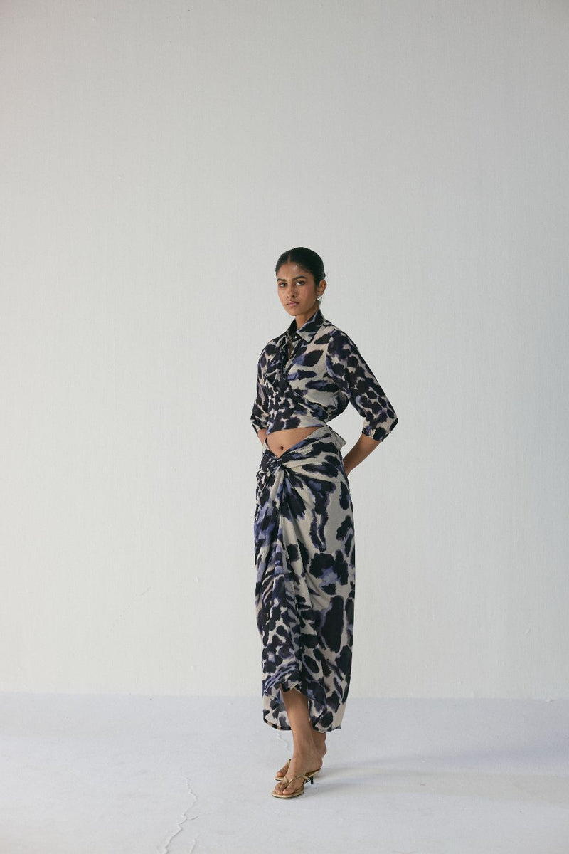 SAMBURU TIE UP TOP AND SKIRT SET by Yam in blue color for women in Singapore
