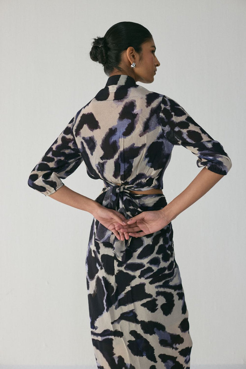 SAMBURU TIE UP TOP AND SKIRT SET by Yam in blue color for women in Singapore